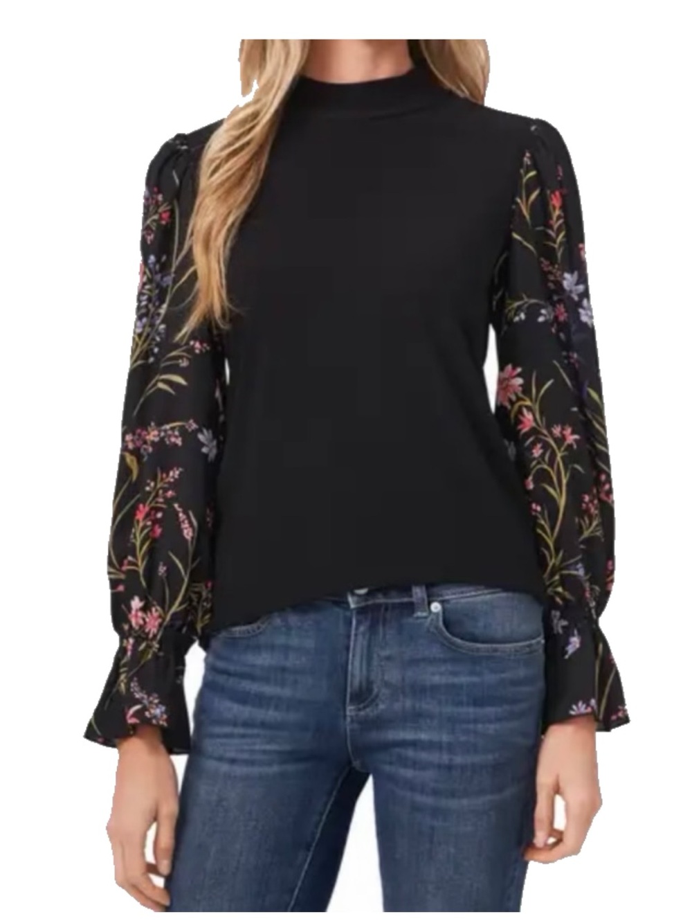 CeCe Black Mock Neck Top with Floral Puff Sleeves